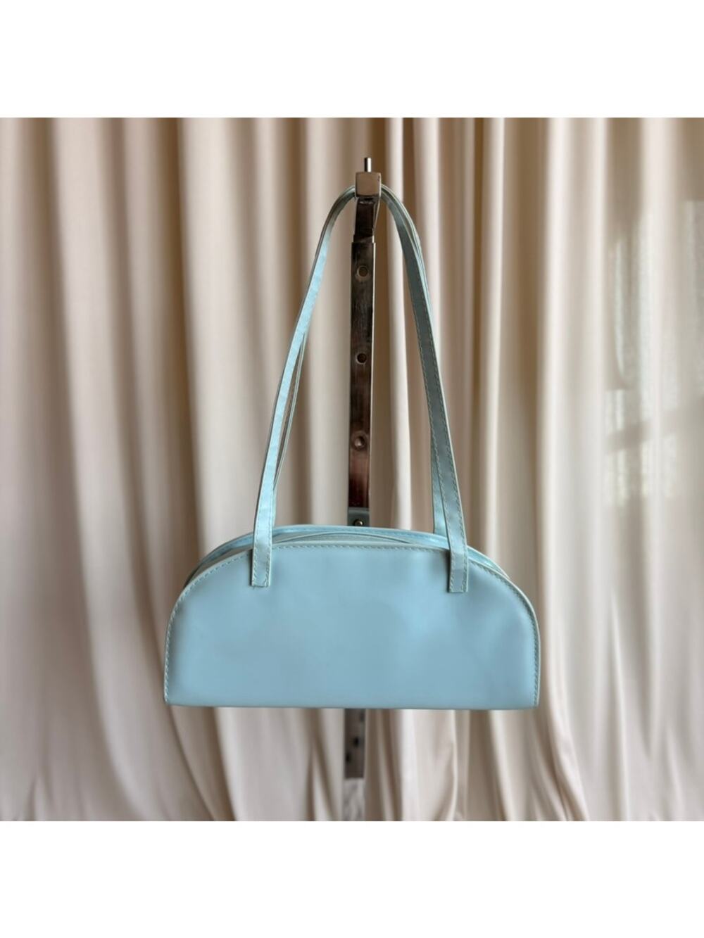 Baby Blue Baguette Bag - Glossy Faux Leather, Structured Shape, Vintage Y2K